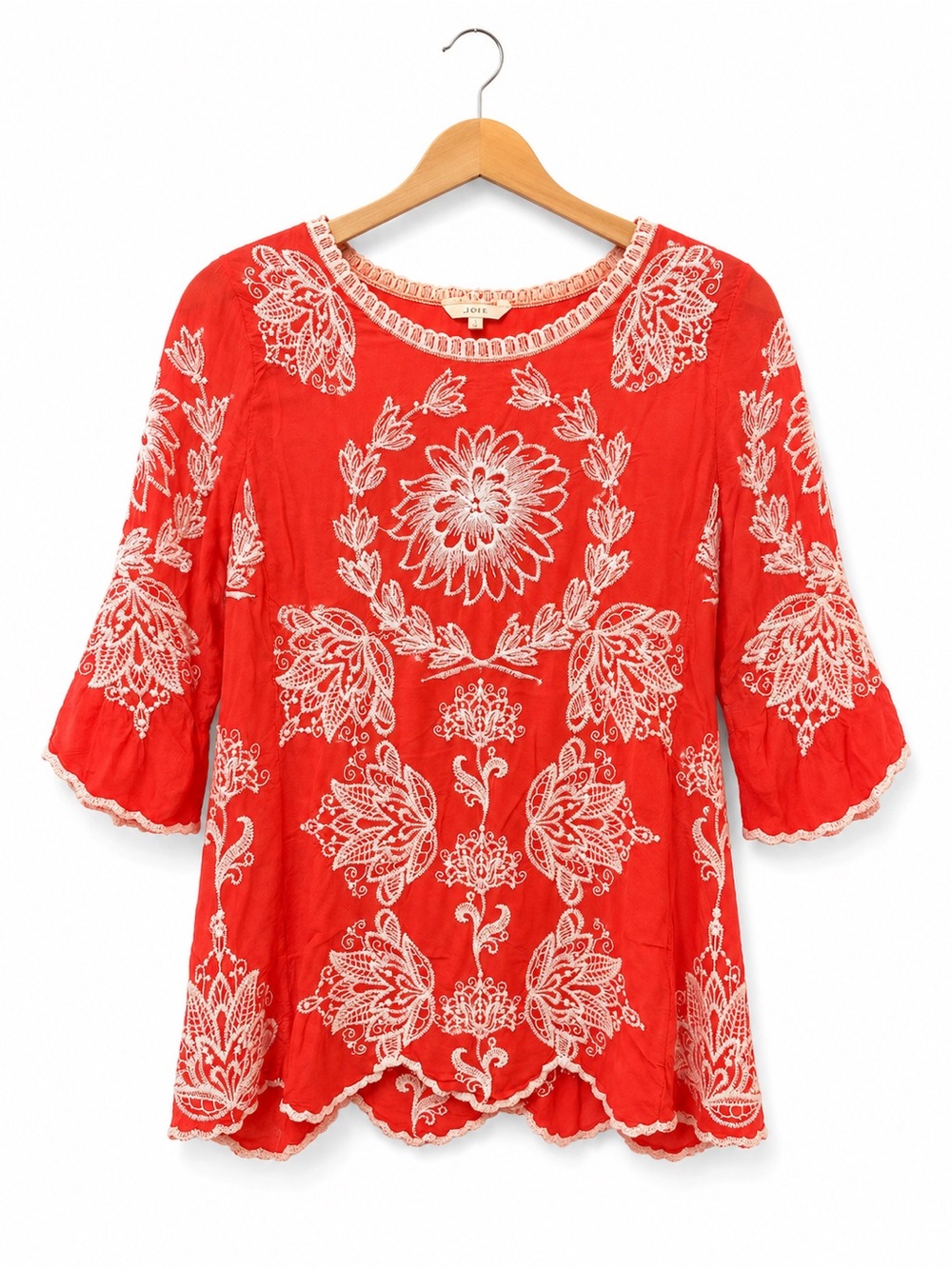 Solitaire Coral Embroidered Boho Peasant Top XS/S Cottagecore Resort Blouse